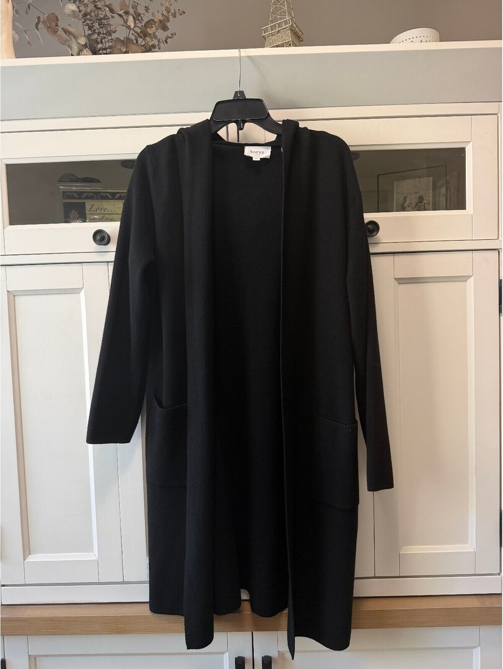 Korye Black Long Hooded Cardigan Coat Women’s Medium Open Front Pockets